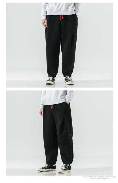 Winter Men's Lamb Wool Casual Pants Fleece Warm Elastic Waist Sweatpants Solid Thick Harem Pants Male Vintage Joggers Trousers