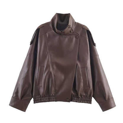 Women's Jacket Fall 2025 New Black Long Sleeve Pebble Faux Leather Jacket Motorcycle Style Personality Fashion