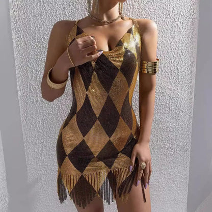 Sexy Metal Splice Backless Fashion Women's Dress Mini Skirt V-neck Sleeveless L22593 Cross-border Summer New Arrival