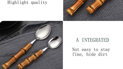 Conjunto de Talheres com Cabo de Bambu Natural, Talheres de Aço Inoxidável, Talheres de Cozinha, Inclui Garfos Colheres Facas Talheres