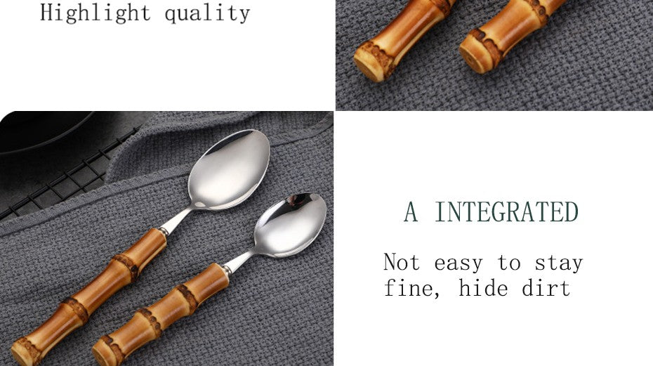 Conjunto de Talheres com Cabo de Bambu Natural, Talheres de Aço Inoxidável, Talheres de Cozinha, Inclui Garfos Colheres Facas Talheres