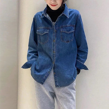 Korean Women Long Sleeve Jeans Shirt With Bottom Tops Coat Retro Style Female Spring Loose Cowboy Cardigan Blouse Denim  Jacket