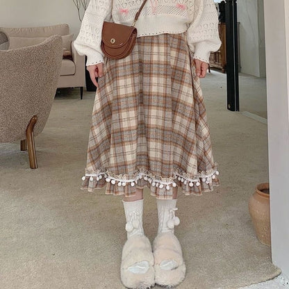 Adorable Plaid  Skirt with Faux Fur Balls in Brown Woolen Material Slimming Mid-Length for Young Girls Autumn Winter Sle