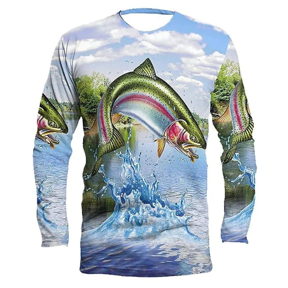 Camiseta Masculina de Pesca Manga Longa Estampada em 3D - Gola Redonda Retrô Casual, Ideal para Lazer de Outono e Atividades ao Ar Livre