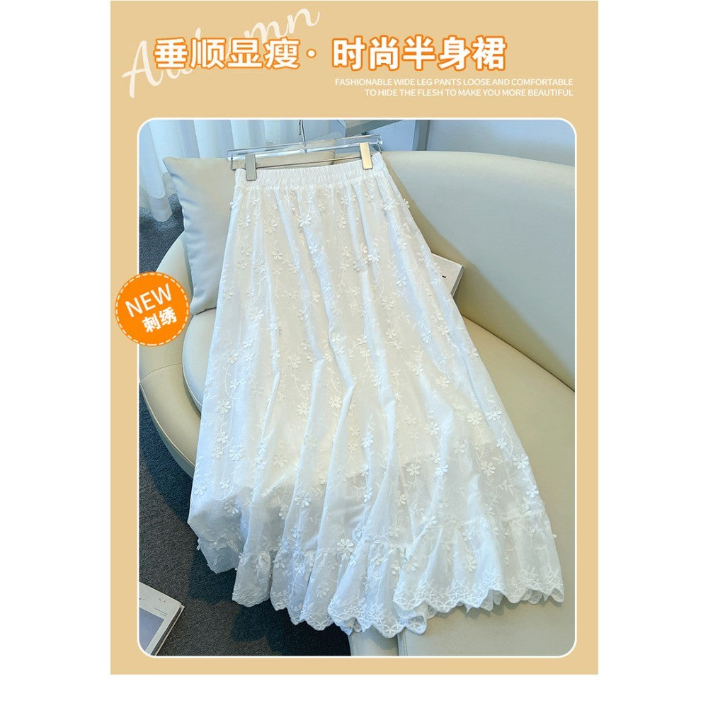 Casual sweet High Waist Chic floral lace Ruched loose Skirts Korean Fashion Office Lady Basics  Plus Size Clothing