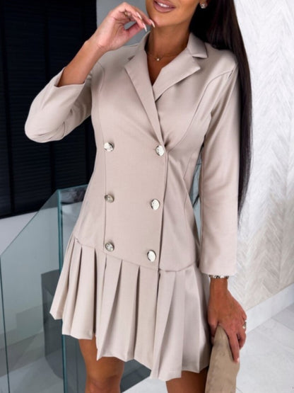 New Autumn Long-sleeve V-neck Slim Pleated Dress For Women Fashion Elegant Casual Solid Button Mini Dresses For Women Robe Femme