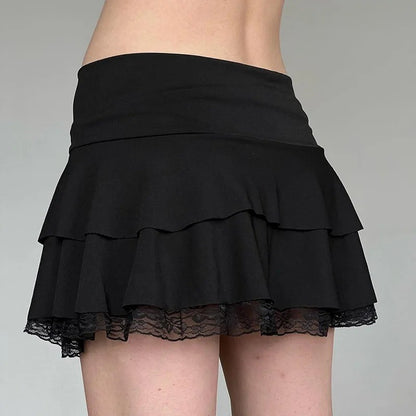 Goth Y2K Black Lace Trim Bow A Line Mini Skirt Women Korean Streetwear