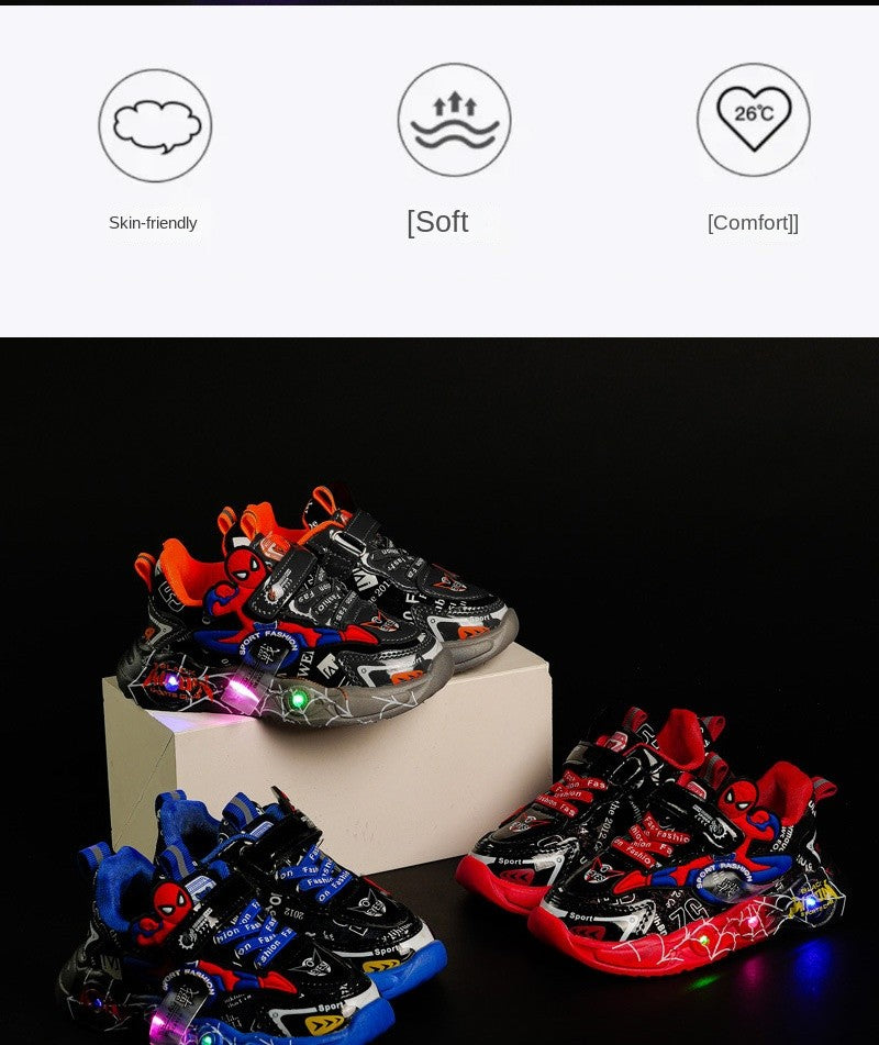 Disney LED Casual Sneakers Red Black For Spring Boys Spiderman Outdoor Shoes Children Lighted Non-slip Shoes Size 21-30