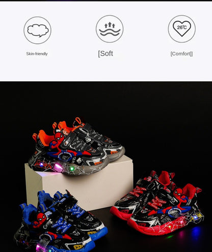 Disney LED Casual Sneakers Red Black For Spring Boys Spiderman Outdoor Shoes Children Lighted Non-slip Shoes Size 21-30