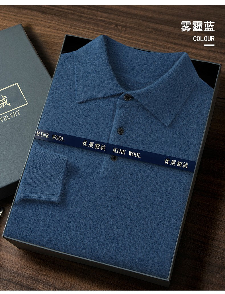 Autumn And Winter New Mink Cashmere Sweater Men's POLO Collar Thickened Loose Lapel Cashmere Long Sleeve Knit Bottoming Shirt