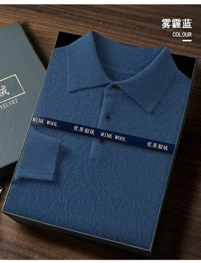 Autumn And Winter New Mink Cashmere Sweater Men's POLO Collar Thickened Loose Lapel Cashmere Long Sleeve Knit Bottoming Shirt
