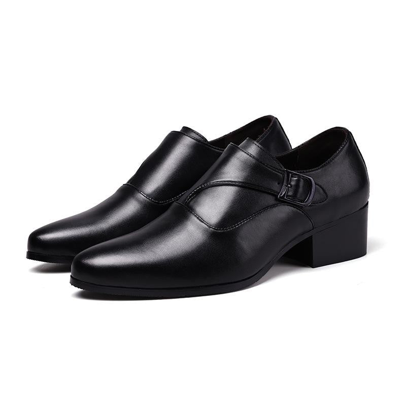 Genuine Leather Men Height Increasing Dress Shoes 6cm Fashion Business Brand Male Footwear Pure Black Monks