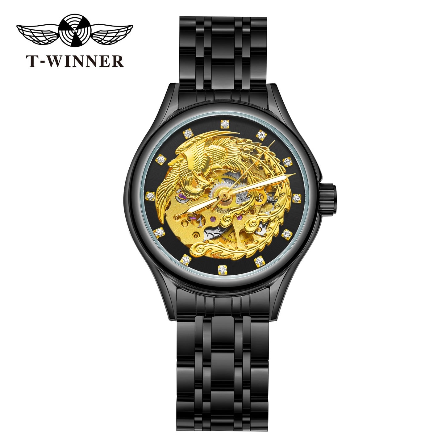 2024 Diamond Steel Skeleton Dial Golden Phoenix Women Fashion Automatic Watch Luxury Waterproof Mechanical Girl Wrist Lady Clock