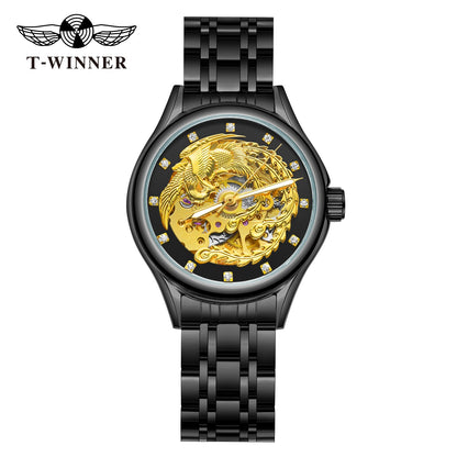 2024 Diamond Steel Skeleton Dial Golden Phoenix Women Fashion Automatic Watch Luxury Waterproof Mechanical Girl Wrist Lady Clock