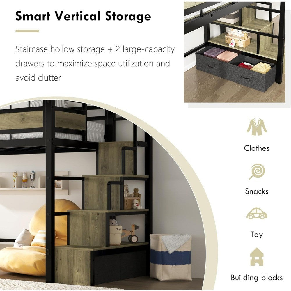Twin Size Metal Loft Bed with Storage Stairs & Drawers Heavy-Duty Space-Saving Bed Frame for Teens And Juniors No Box Spring Nee