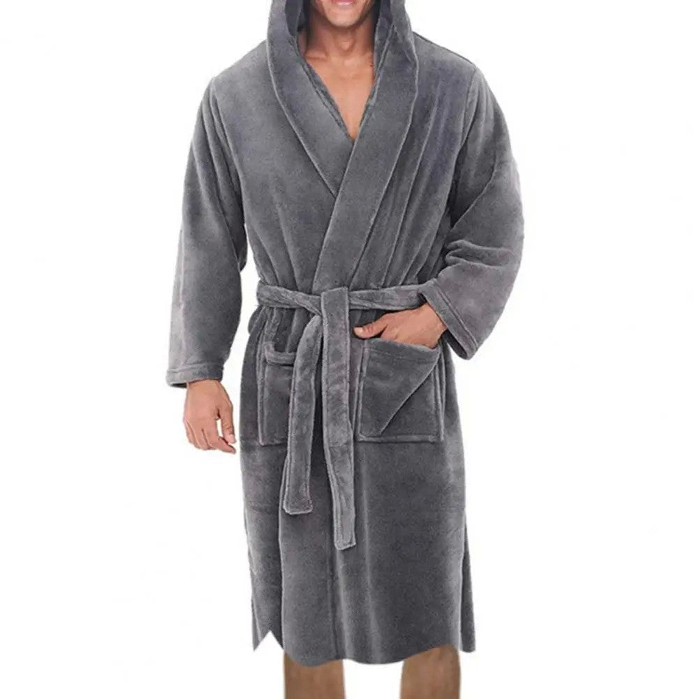 Belt Flannel Bath Robe for Men Hooded Pockets Warm Men Nightgown Men Plush Bathrobe Sleepwear Home Clothes Loose Pajamas Robe