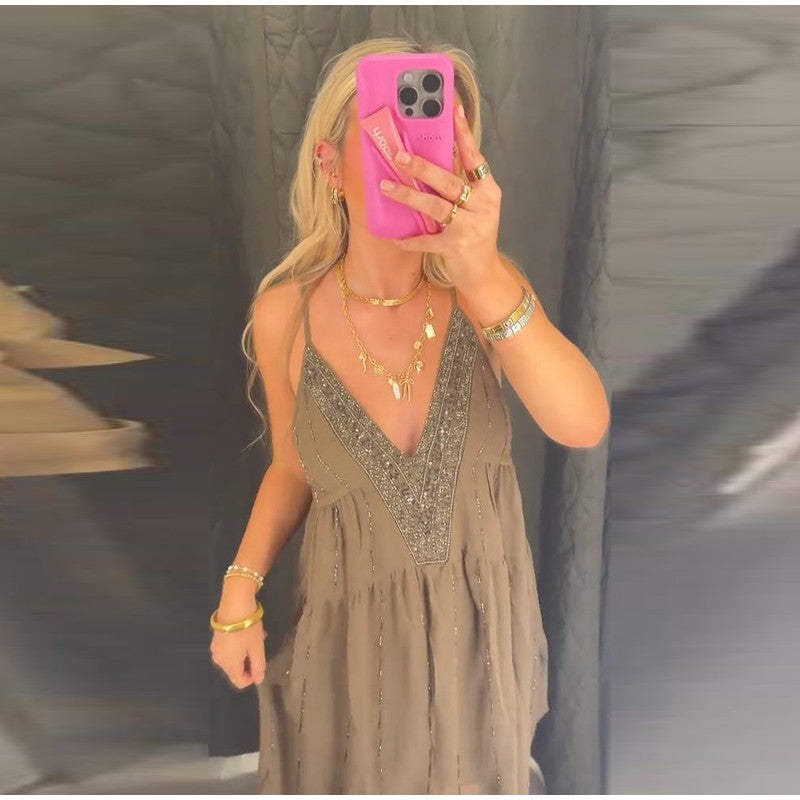 Sequins Bead Snowflake Midi Dress Women Fashion Sleeveless Backless Ruffle Pleat