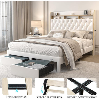 Cama Queen LED com 2 Gavetas de Armazenamento, Plataformas Estofadas em PU com Projetor Estrelas Galáxia Estação de Carregamento e Alto-falante, Au
