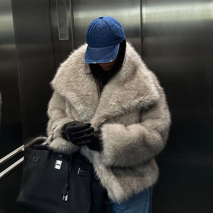 2024 Winter New Fashion Gradient Fluffy Fur Coat Women High Street Luxury Big Fur Collar Faux Fox Fur Jacket Female Overcoats