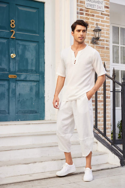 Summer Cotton Linen Shirt Set Men's Casual Outdoor 2-Piece Suit Andhome Clothes Pajamas Comfy Breathable Beach Short Sleeve Sets