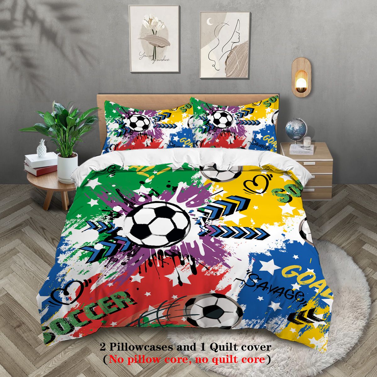 3-piece set, colorful football pattern printed duvet set, queen, king, double bed, party  funny and creative bedding set