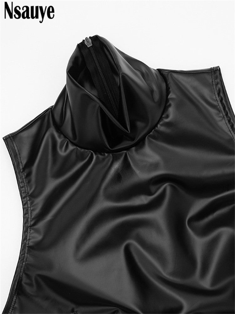 Nsauye Women Basic Pullover Casual Turtleneck Short Wrap PU Leather Y2K Dress 2026 Spring Summer Sexy Club Party Evening Dress