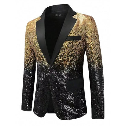 Shiny Sequin Tuxedo Jacket for Men - Royal Blue & Gold Gradient, Black Lapel, Formal Party/Wedding/Stage Wear? Coat.