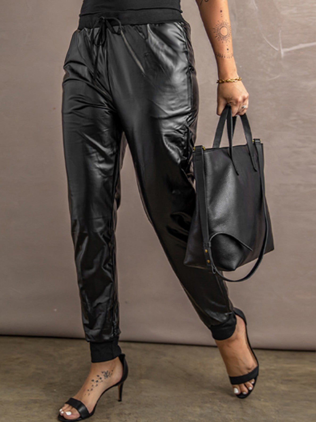 Women  Leather Drawstring Pocket Design Mid Waist Loose Elastic Black Solid Color Long Pants