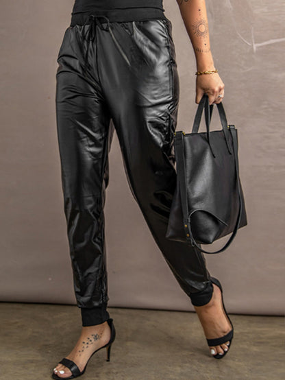 Women  Leather Drawstring Pocket Design Mid Waist Loose Elastic Black Solid Color Long Pants