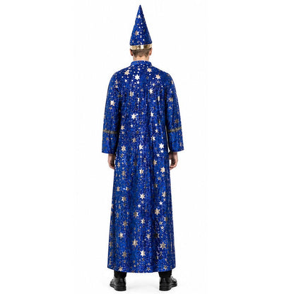 Halloween Wizard Costume Velvet Long Robe Blue Gold Star Print Cloak With Pointed Hat Adult Cosplay Fancy Party Dress Up Outfit
