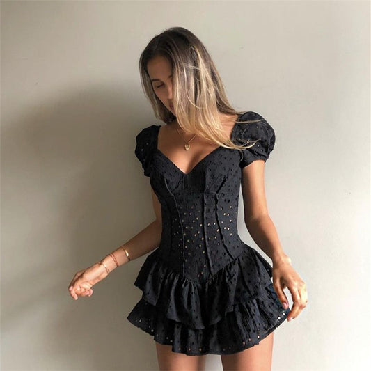 V Neck Ruffles Pleated Dress Women Puff Sleeve Chic Black Summer Dress 2025 Part