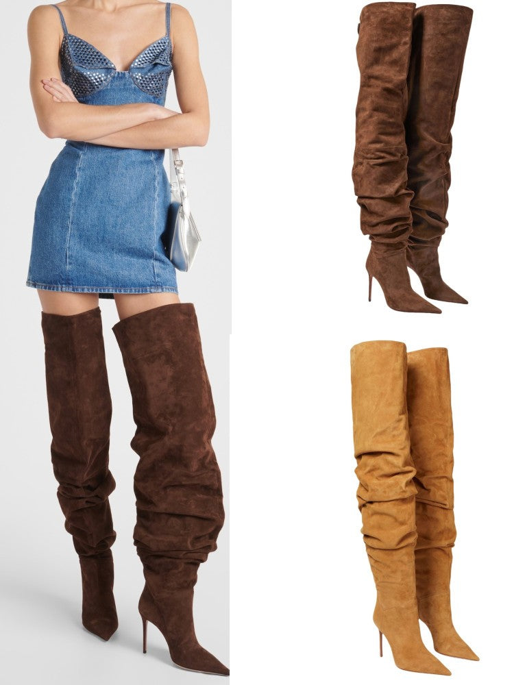 Women's New Pointed Pleated High-heeled Knee High Boots, Autumn and Winter Suede Thigh Boots, Women's Plus Size Stacking Boots