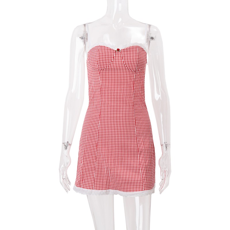 WhereMery Plaid Y2K Lace Vintage Spaghetti Strap Mini Dresses Backless Aesthetic