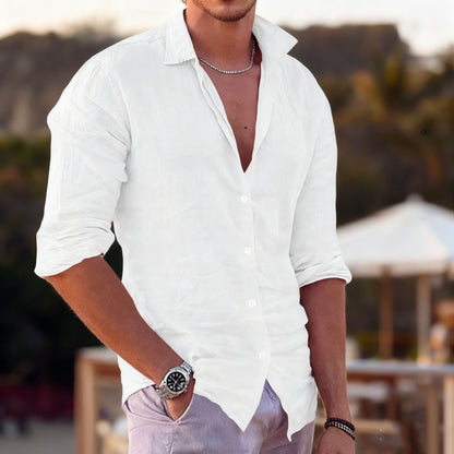 Men's Summer Long Sleeve Beach Shirt Cotton Linen Turn-down Collar Hawaii Holiday Multicolor Casual British Style Clothing