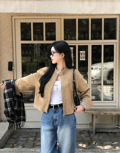 Retro American Coffee Brown Copper Zipper Button Short Jacket 2025 Autumn Trendy PU Leather Jacket Versatile for Dynamic Women