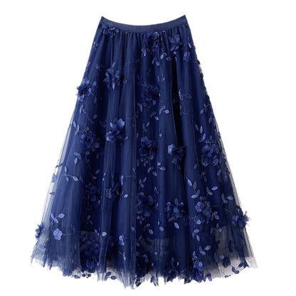 New in A-Line High Waist Embroidery 3D Flower Tulle Midi Skirt Women Spring Summer Pink Chic Elegant Mesh Party Long Skirt