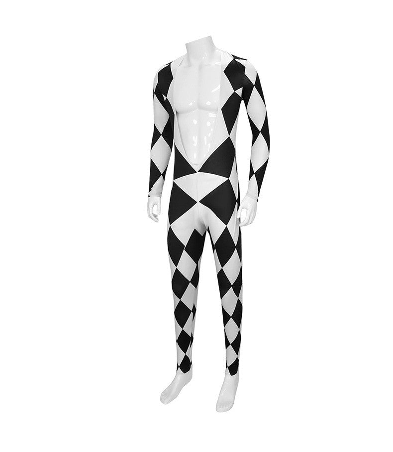 Freddie Mercury - Queen Harlequin Cosplay Costume Unitard Black and White Diamond Bodysuit with attached feet for Men