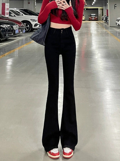 High Waist Fce Lined Thiened Autumn Winter American Bla ey Micro Flared Jeans Women Slimming Legging  Hoof Pants