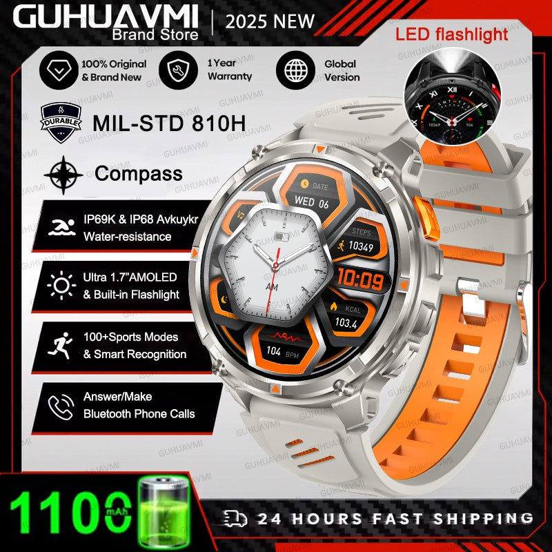 Smartwatch Masculino 2026 Novo Militar 1100mAh Bateria Tela AMOLED 1.7" Bússola GPS Lanterna Chamada Bluetooth 5ATM Natação