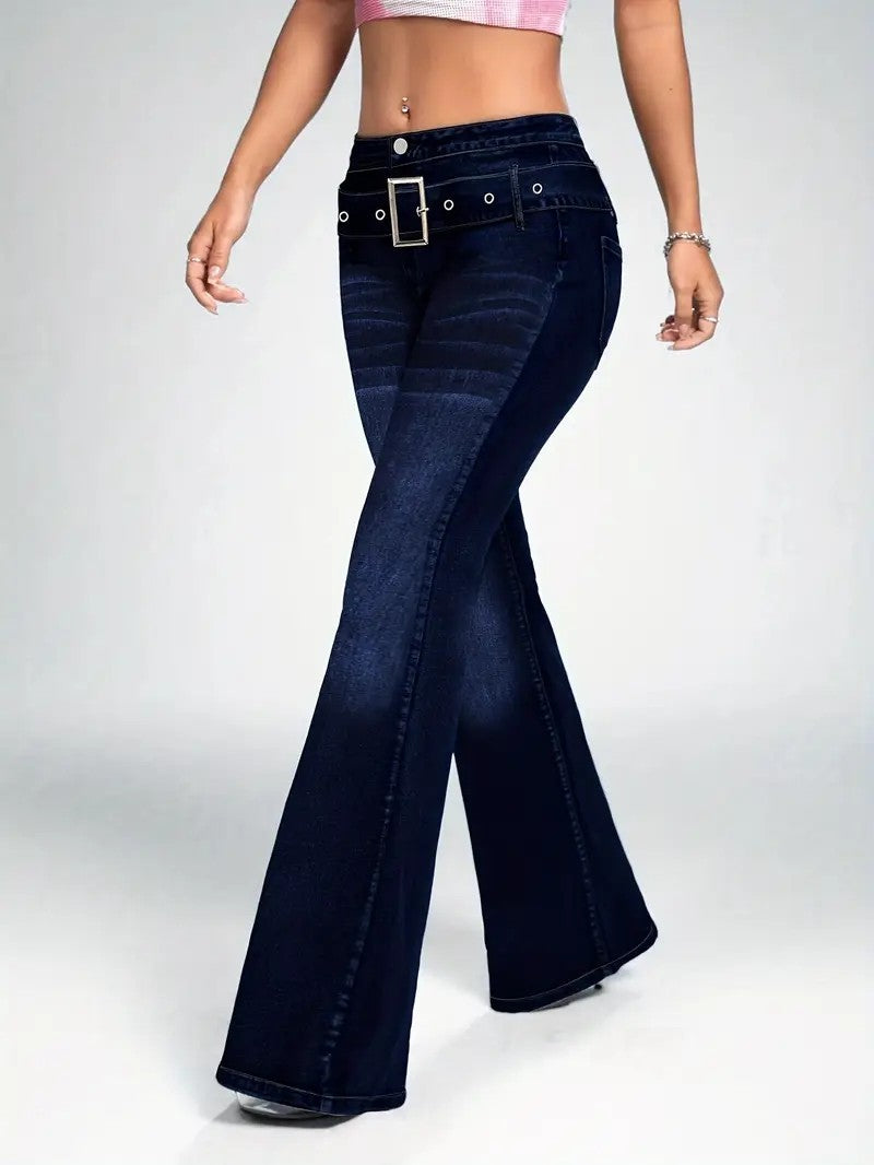 Women's fashionable casual wash dark blue decorative strap buckle stretch slim fit slim flared jeans