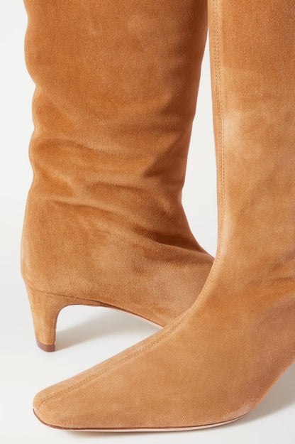 New Autumn Winter Square Toe Low Heeled Suede Long Boots European and American Fashion Black Brown Minimalist Knee High Boots