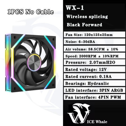 ICE Whale WX-1 Wireless Splicing PC Case Fan 120mm ARGB Mirror Cycle Effect 800-2000RPM 360mm Water-cooled Radiator Cooling Fan