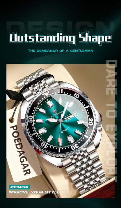 POEDAGAR Business Men Watch Date Week Waterproof Luminous Luxury Man Wristwatch Sports Stainless Steel Men's Quartz Watches Male