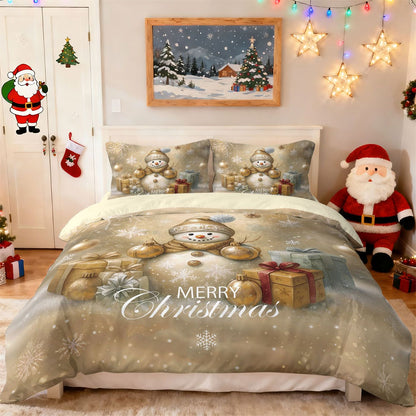 3pcs Golden Christmas Snowman Printed Chipless Bedding Set Soft Dormitory Bedroom Multiple Sizes Machine Washable
