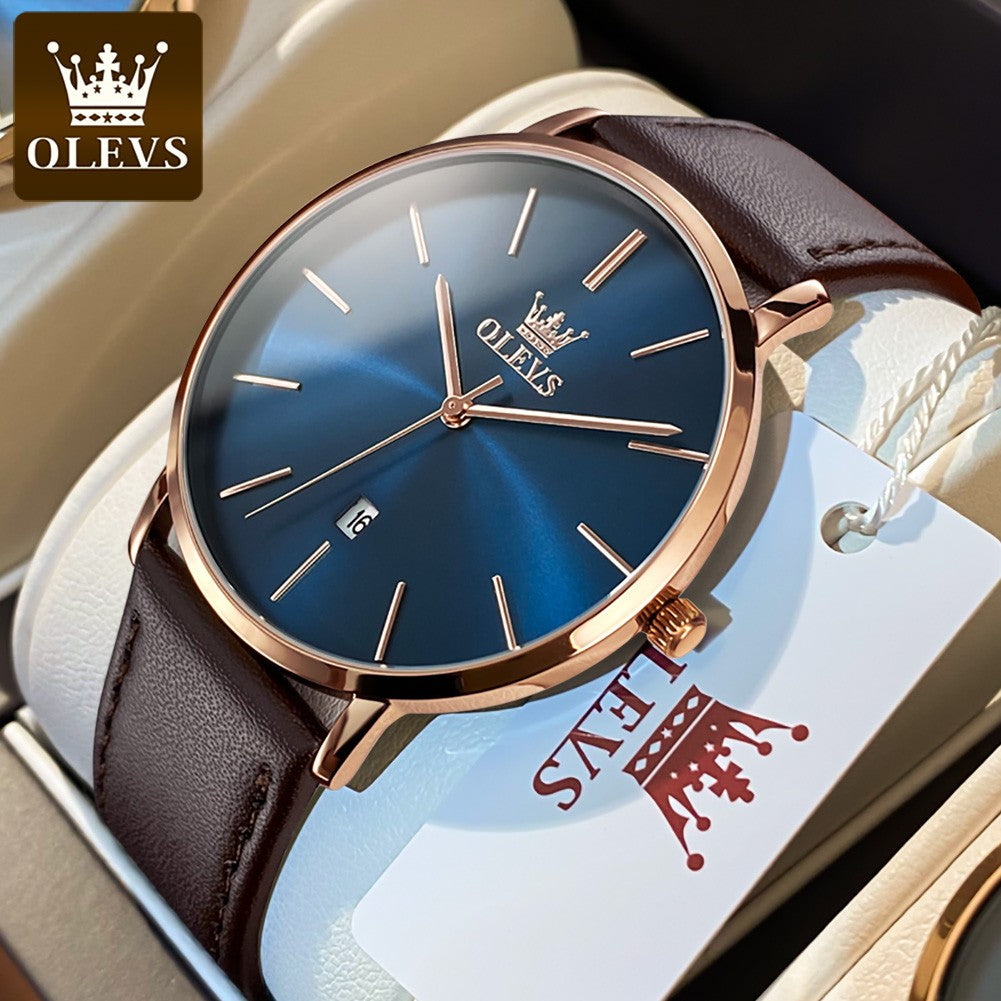 OLEVS 5869 Watch Man Casual Fashion Original Quartz Watch Waterproof Luminous Leather Strap Watches For Men Thin Watch Dial