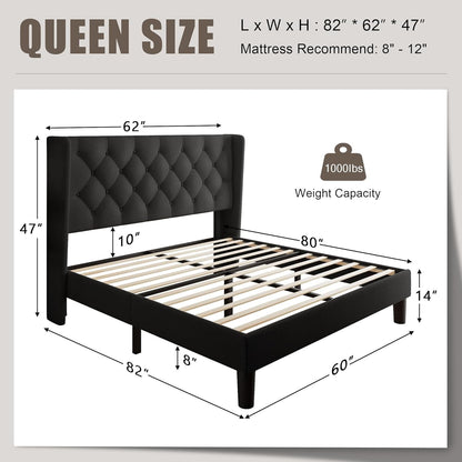 Queen Size Upholstered Bed Frame with Wingback Headboard, Fabric Linen Platform Bed, 8" Under Bed Storage, Wooden and Me