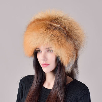 2025 Novo Estilo Chapéu Russo Ushanka de Pele de Raposa Natural Feminino Quente de Inverno Estilo Popular Fofo Boné Feminino com Cauda de Pele Real da Moda