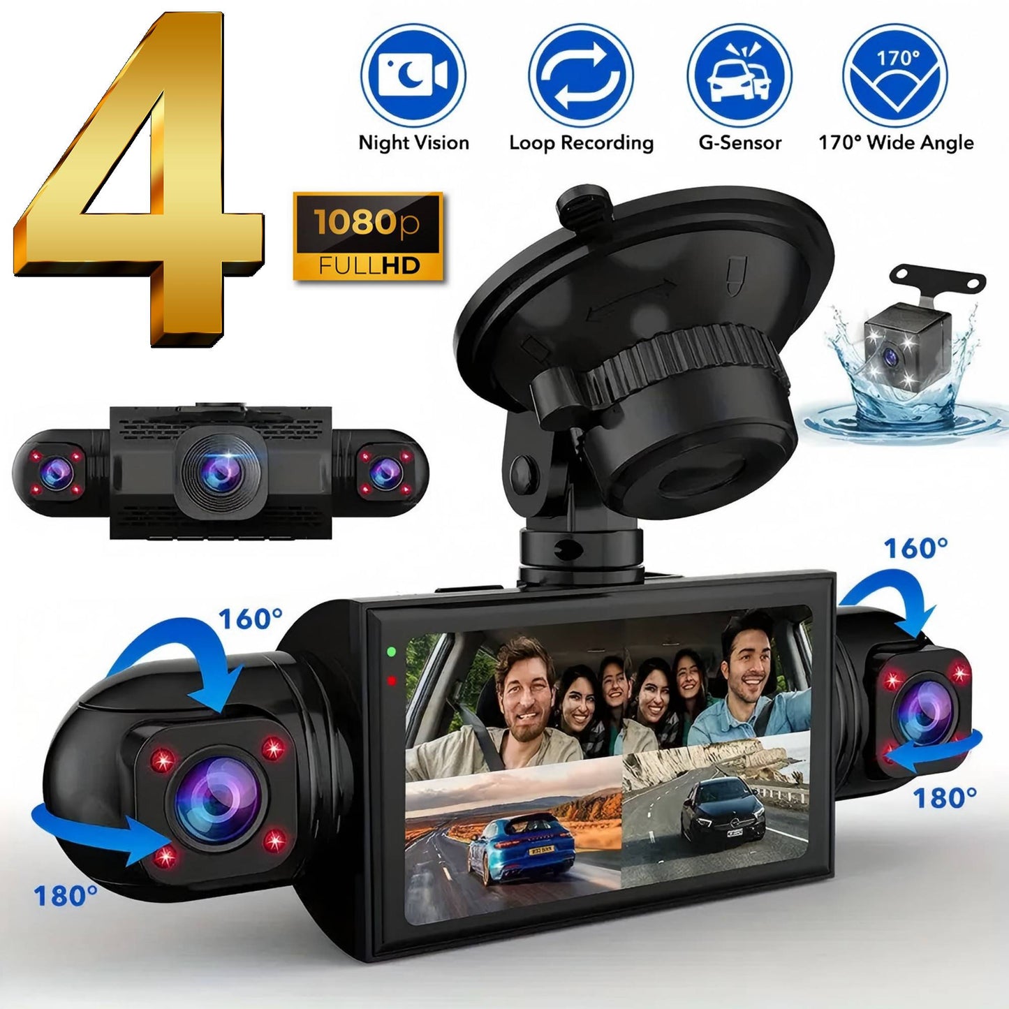 Câmera Veicular Filmadora 4 Canais Caixa Preta FHD 1080P Dianteira Esquerda Direita Traseira Visão Noturna Gravação em Loop adicionar Kit Hardwire