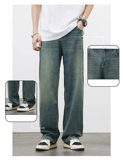 2025 Primavera Outono Novas Calças Jeans Masculinas Retas Vintage Casuais Masculinas de Alta Qualidade Estilo Coreano Baggy Calças Jeans de Perna Larga