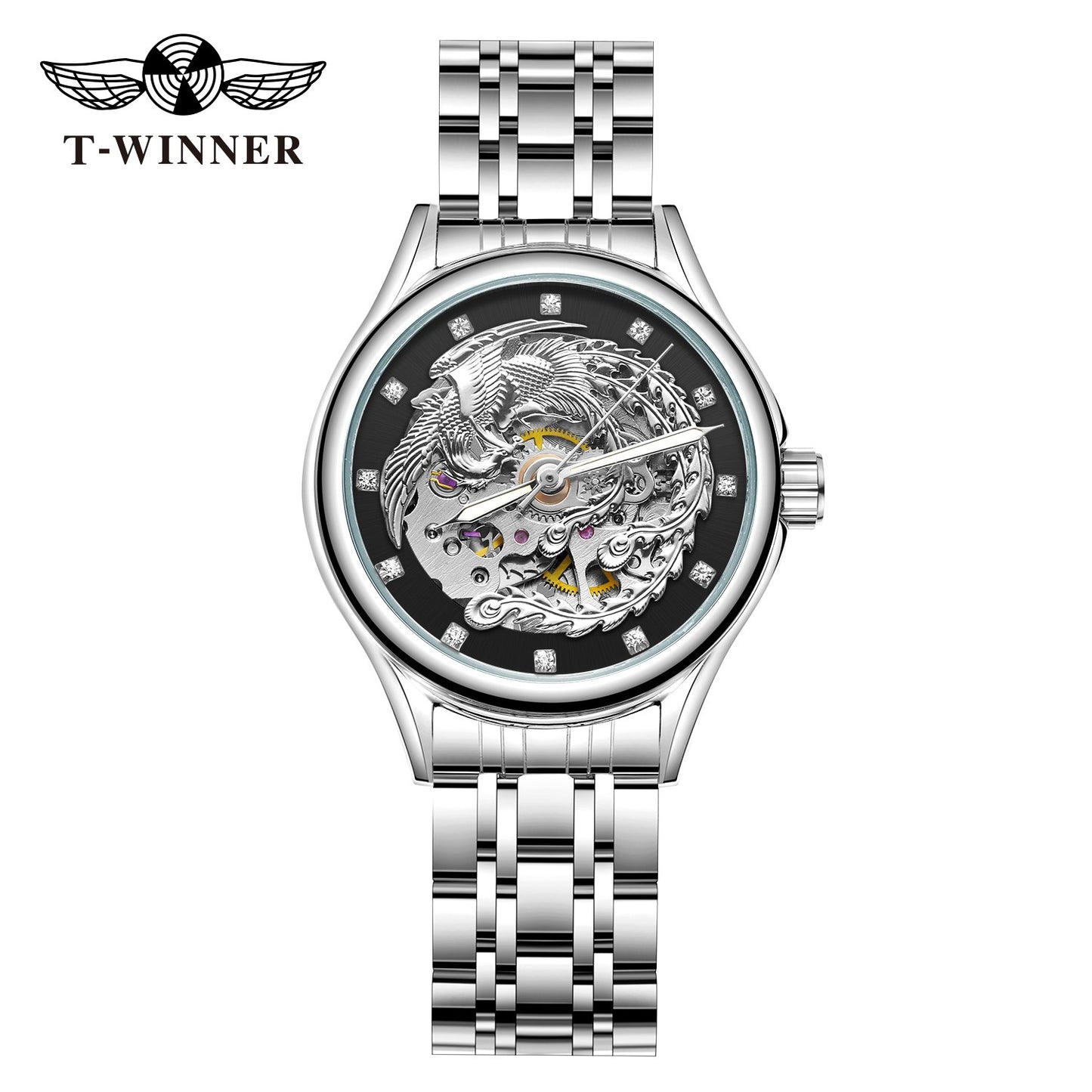 2024 Diamond Steel Skeleton Dial Golden Phoenix Women Fashion Automatic Watch Luxury Waterproof Mechanical Girl Wrist Lady Clock